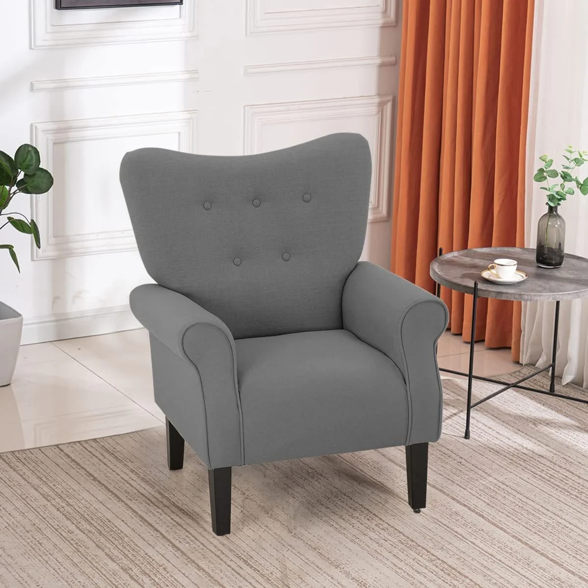 Erommy Modern Accent Chair, High Back Armchair, Upholstered Fabric Button Single Sofa with Wooden Legs for Living Room