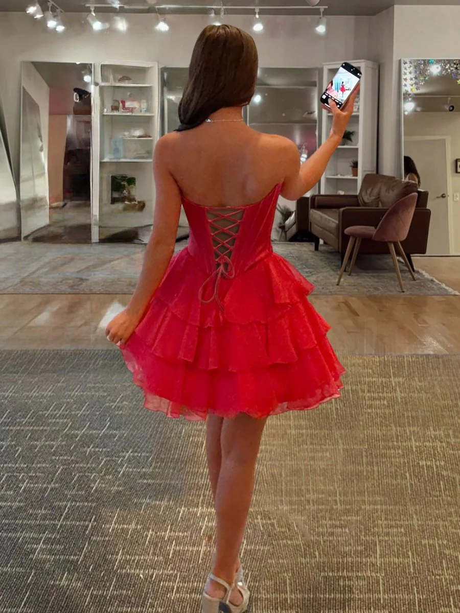 Red - A-Line Sweetheart Corset Ruffle Homecoming & Cocktail Dresses With Applique