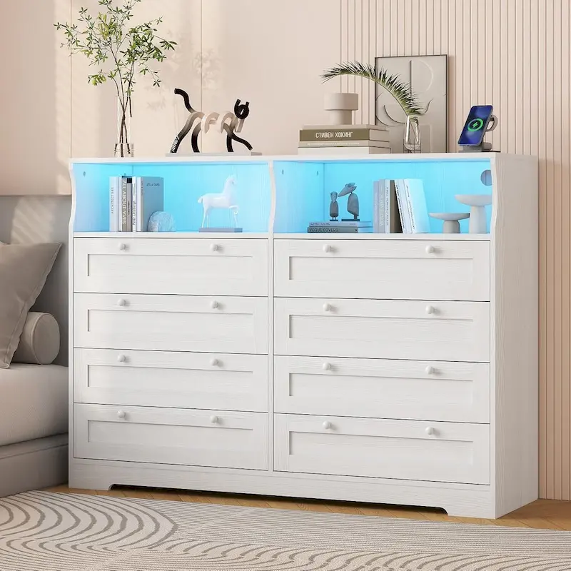Modern Wood Dresser with 8 Drawers, Bedroom Dresser with Charging Station & LED Lights