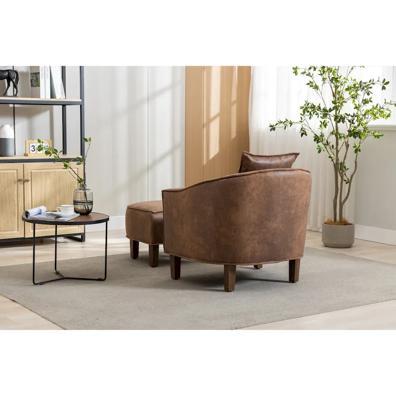 Mid-Century Upholstered Barrel Accent Round Arm Chair with Ottoman