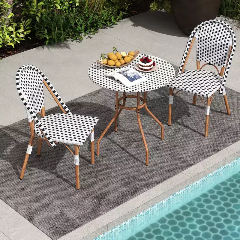 Costway 3 Piece French Bistro Table Chair Set Outdoor Wicker Round Table & 2 Dining Chairs