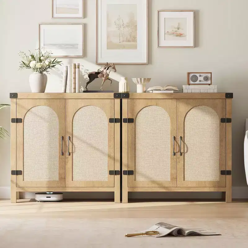 Buffet Cabinet, Sideboard with Storage - 2 Pack Rattan Door Boho Style, 31.5 Kitchen Storage Cabinet with Adjustable Shelves, Natural