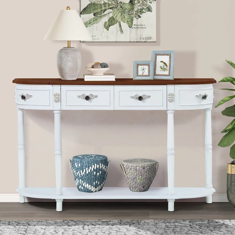 52 inch Circular Half Moon Sofa Table with Open Shelf and 2 Drawers