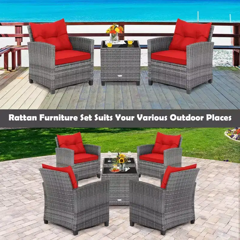 Costway 3PCS Patio Rattan Furniture Bistro Set Cushioned Sofas Side Table Armrest Red/Grey/Navy/Turquoise/Black