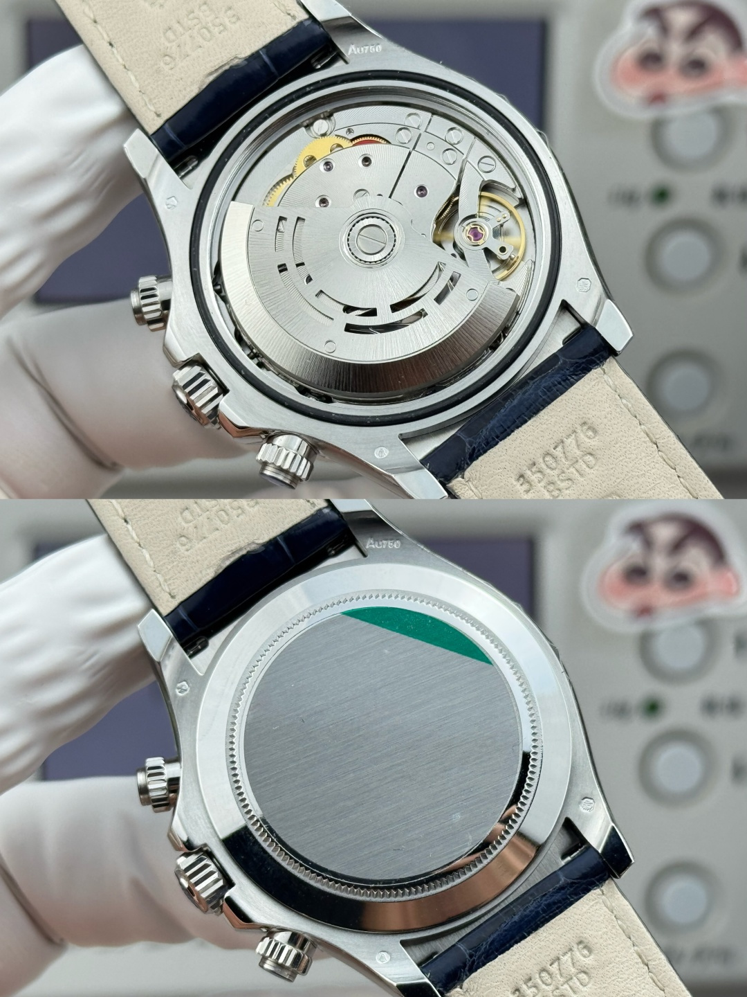 Rolex Daytona replica caseback view showing automatic movement and closed caseback comparison