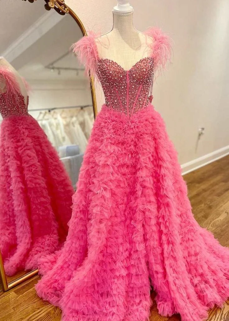 A Line Off the Shoulder Tiered Tulle Prom Dress With Slit