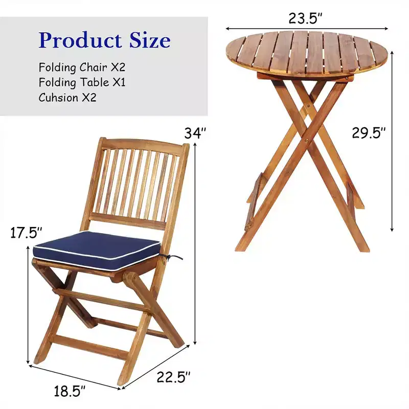 Costway 3PCS Patio Folding Wooden Bistro Set Cushioned Chair Conversation Cushion
