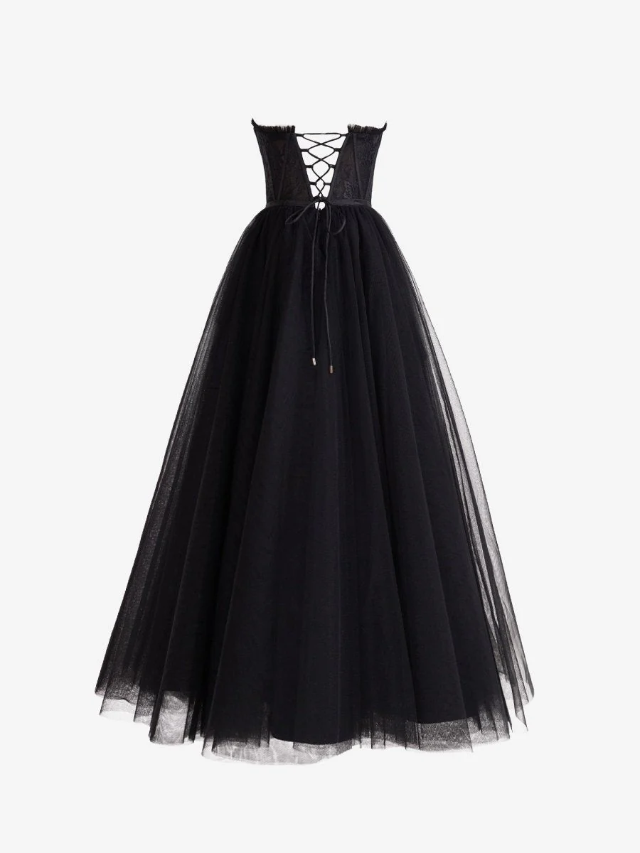 Black A Line Sweetheart Corset Tulle Prom Dress with Slit