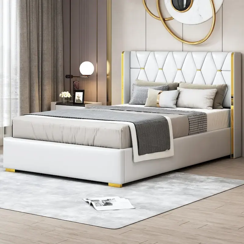 Full Size PU Upholstered Platform Bed with Metal Strips