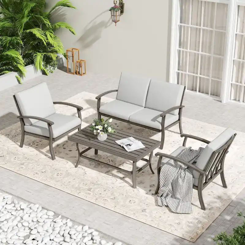 4-Person Aluminum Patio Conversation Set with Coffee Table, Loveseat and Light Gray Cushions