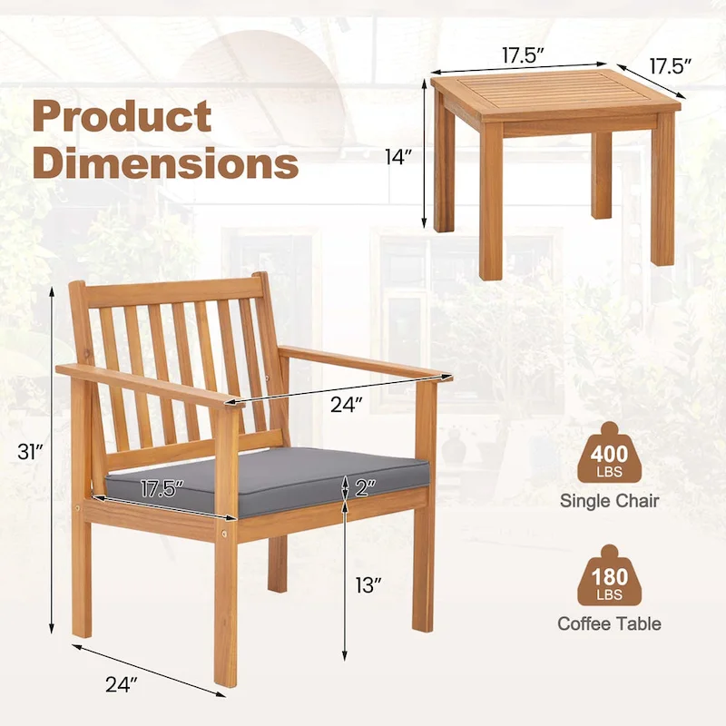 Costway 3 PCS Patio Wood Furniture Set Acacia Wood Chairs & Coffee - See Details