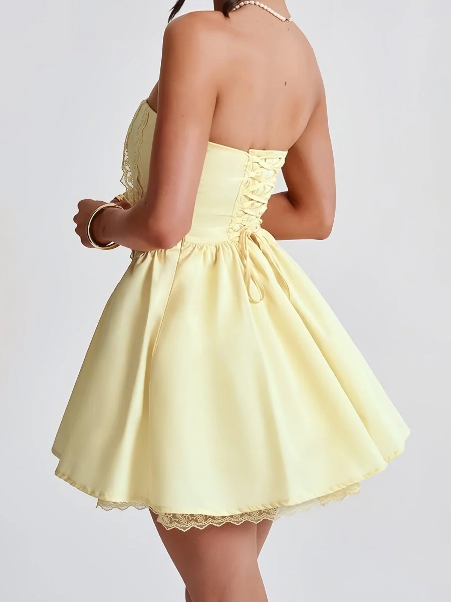 Yellow - A Line Satin Strapless Homecoming Dresses with Lace Panelings