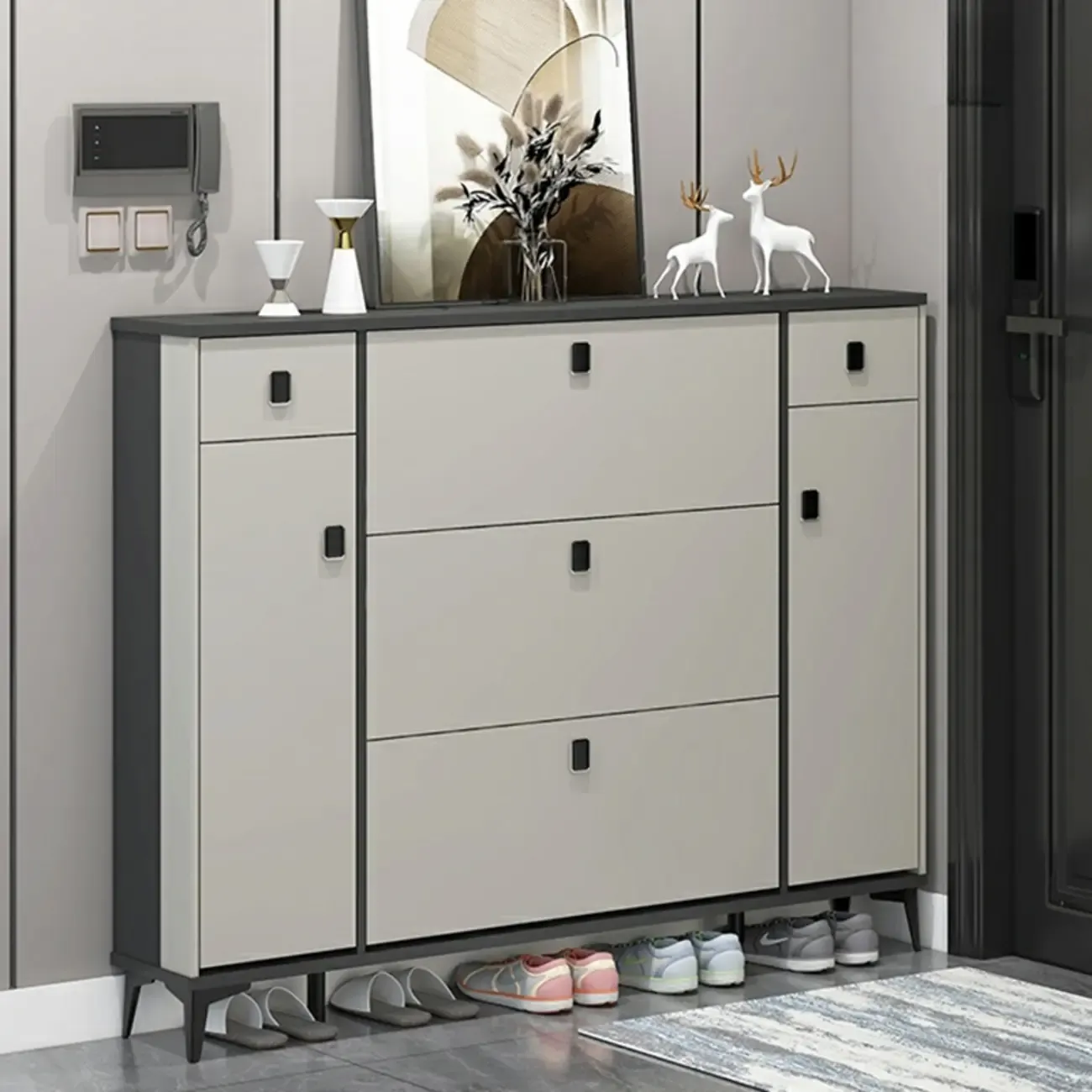 Narrow Black-White Solid Wood Drop Front Shoe Cabinet