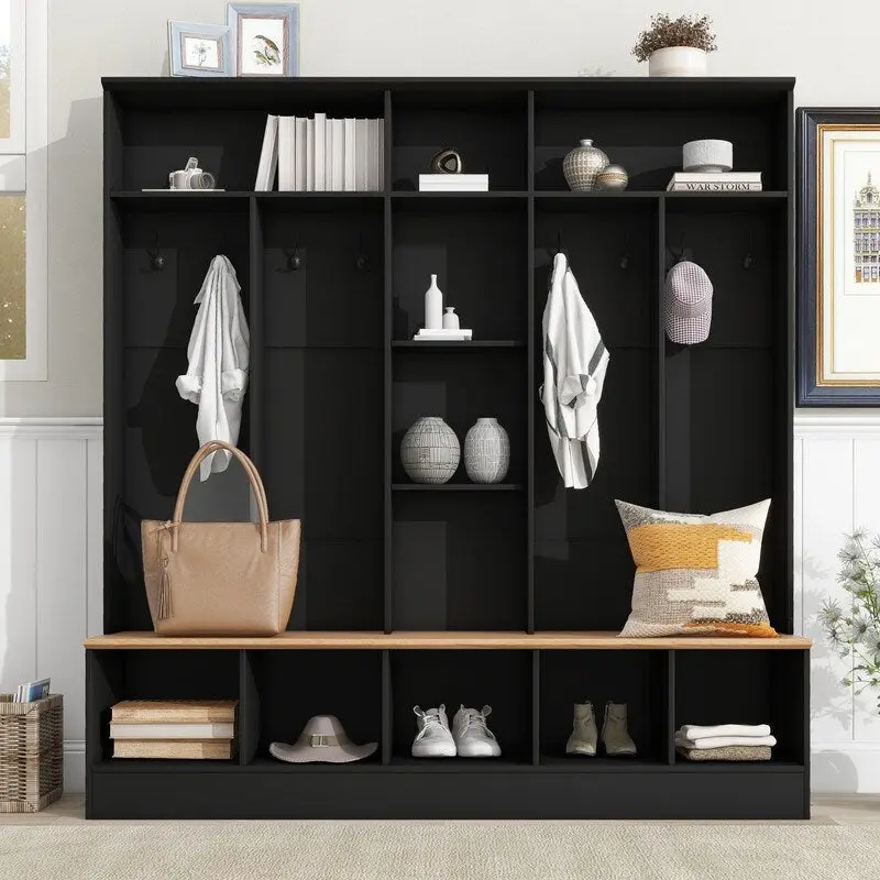 66.9 W Hall Tree with Storage Bench,Cube Storage,Shelves and 8 Hooks