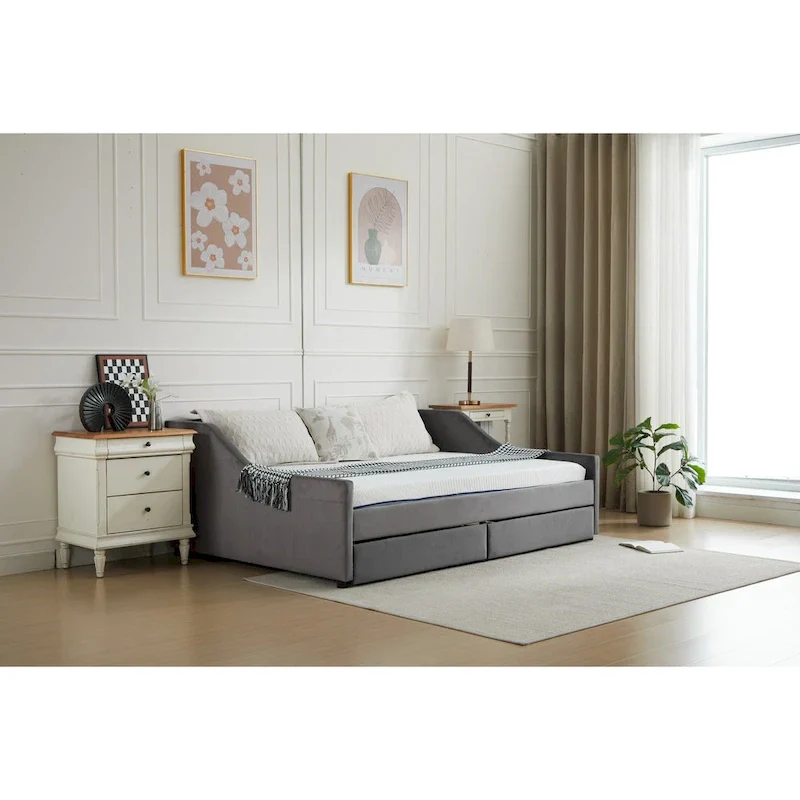 Modern Upholstered Sofa Bed with 2 Drawers and Wooden Frame, Vertical Stripes