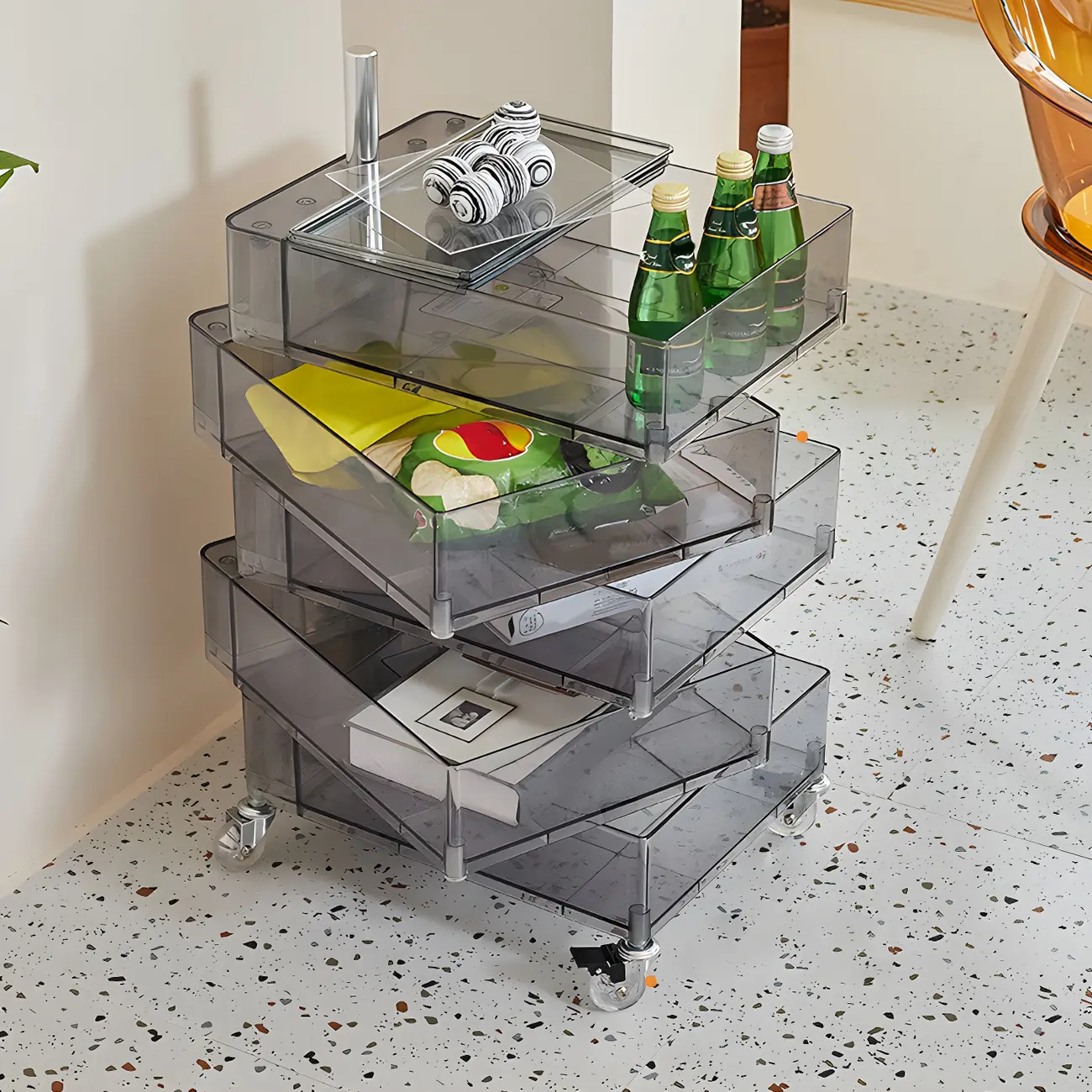 Vibrant Yellow Transparent Nightstand with Drawers and Wheels