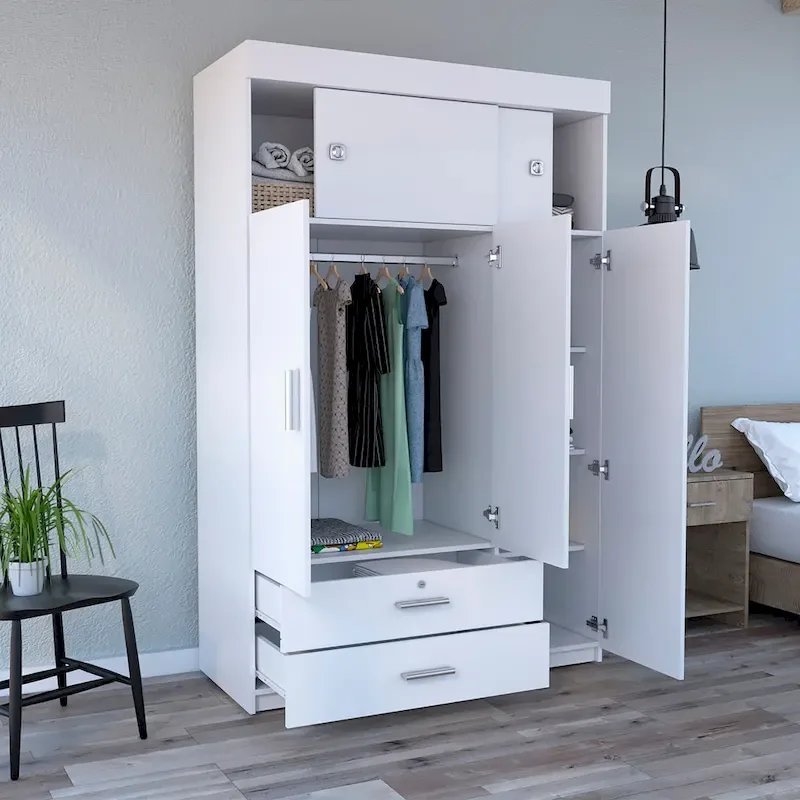 47.2  Modern Three-door Armoire with Hanging Rods, Two Drawers and Two Superior Adjustable Shelves