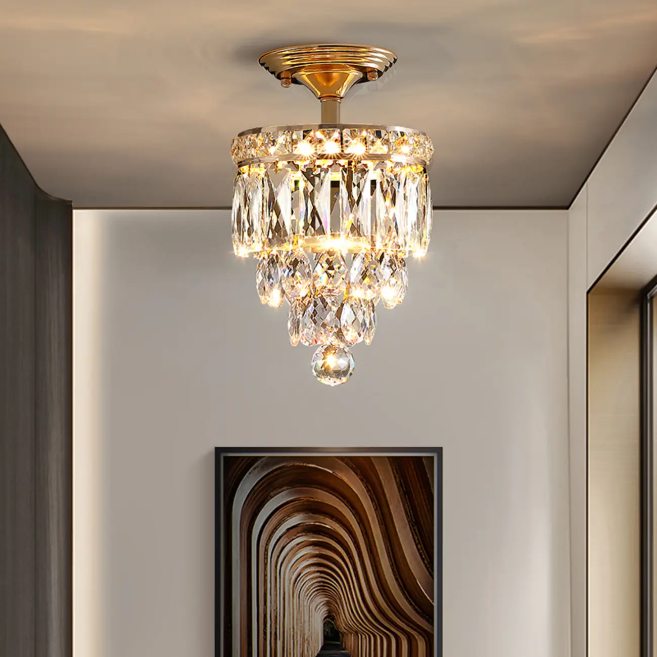 Modern Tiered Crystal Semi Flush Ceiling Light for Hallway
