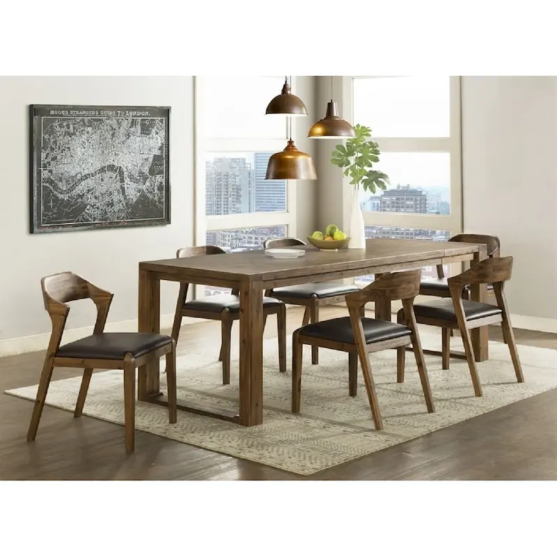 Mid-Century Rubberwood Dining Chair with Faux Leather Seat – Chestnut Wire-Brush