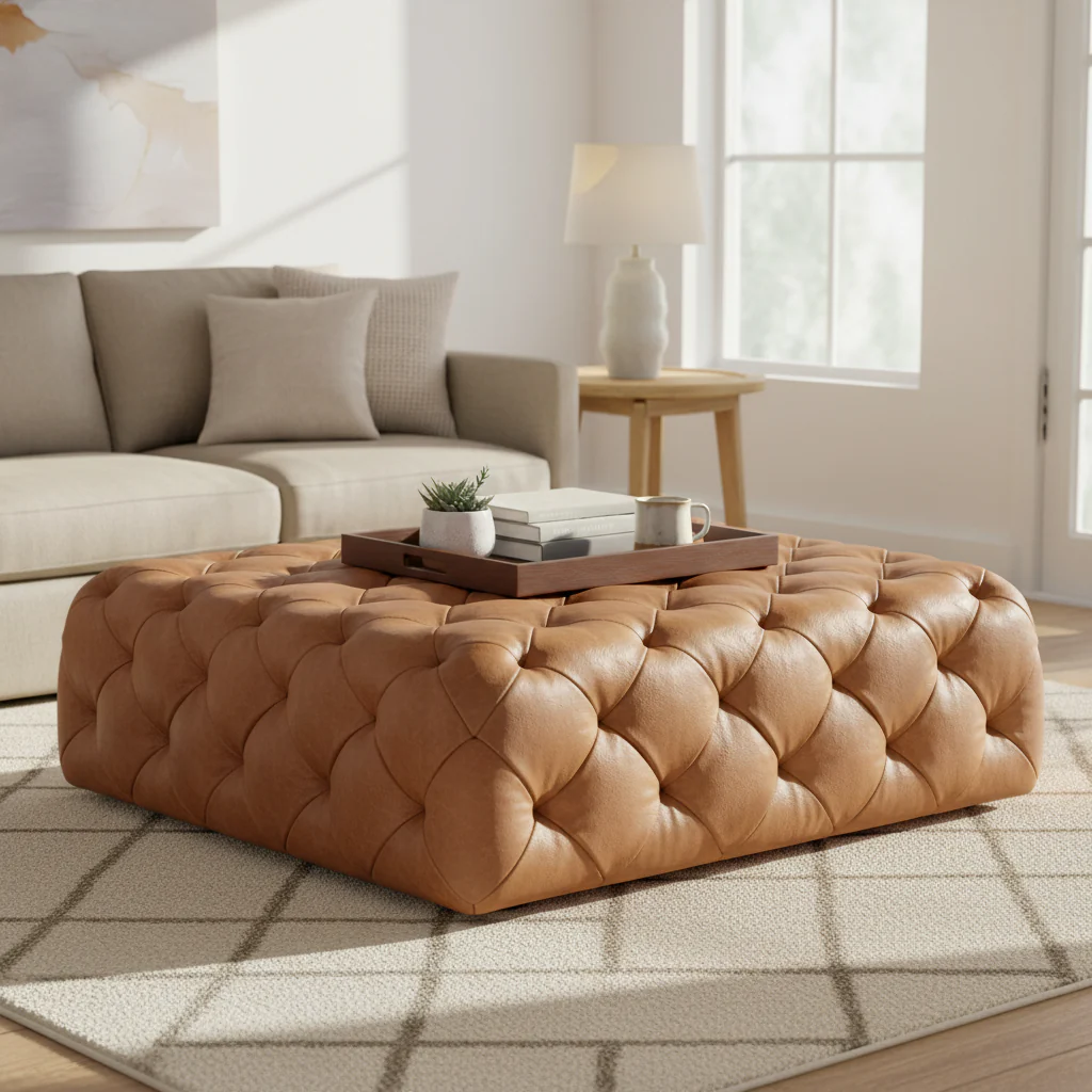 Leather Ottoman in Cognac Tan