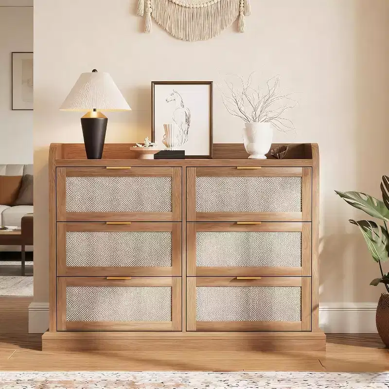 Garvee Farmhouse 6 Drawer Dresser, Rattan Chest of Drawers with Storage,Large Dresser Chest of Drawers with Gold Handle,Natural Oak