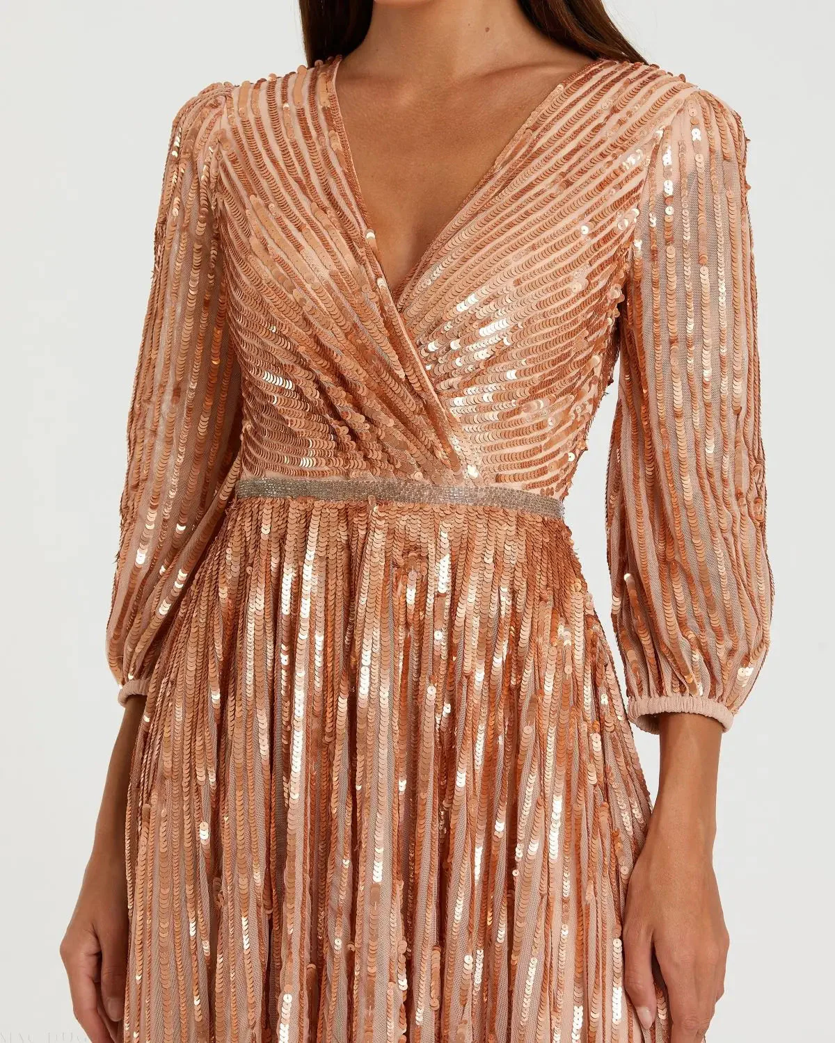 Pink Sequined Wrap Over 3/4 Sleeve Gown