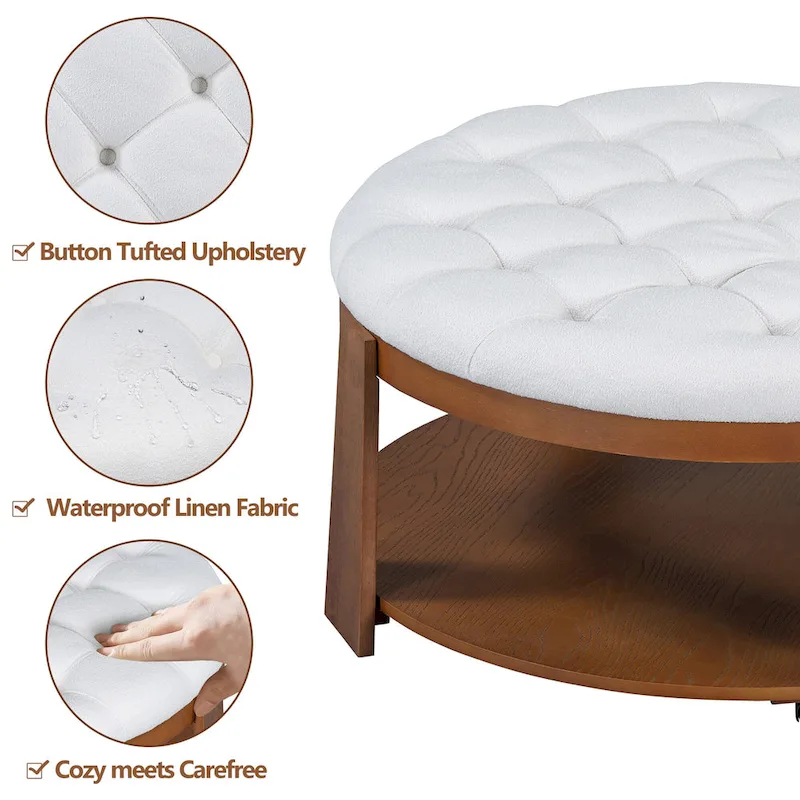 36 Round Button Tufted Upholstered Coffee Table with Wood Shelf and Wheel