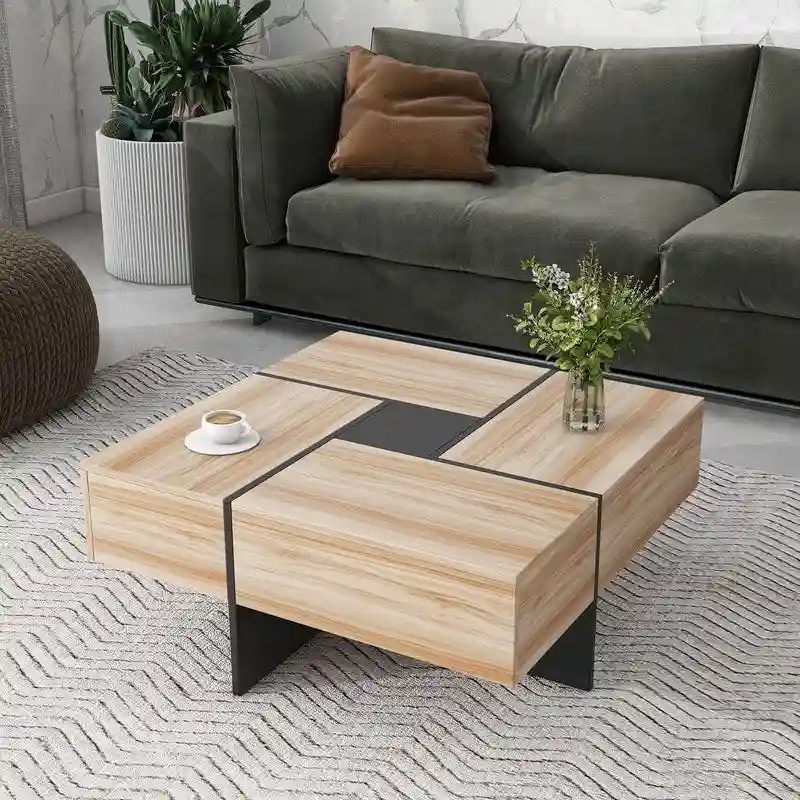 Unique Design Coffee Table with 4 Hidden Storage Compartments, Square Cocktail Table with Extendable Sliding Tabletop