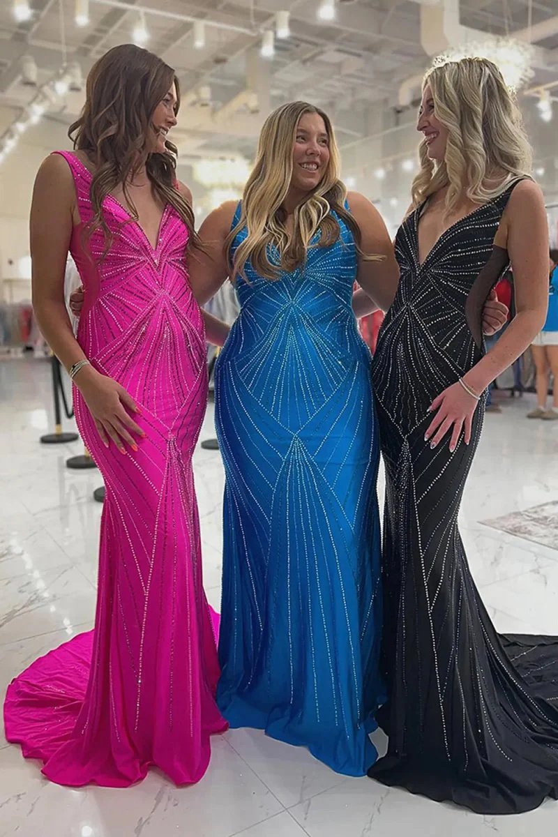 Black V Neck Mermaid Satin Long Prom Dresses With Beading