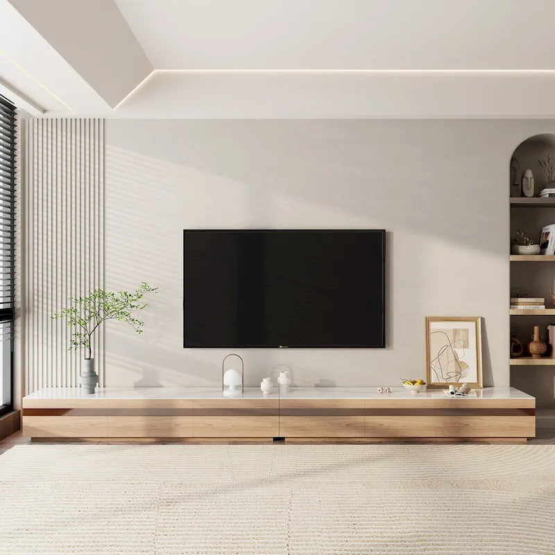 Light Wood & Stone Top TV Stand, Tea Glass Accent, 3–6 Drawers, 1-Person Assembly