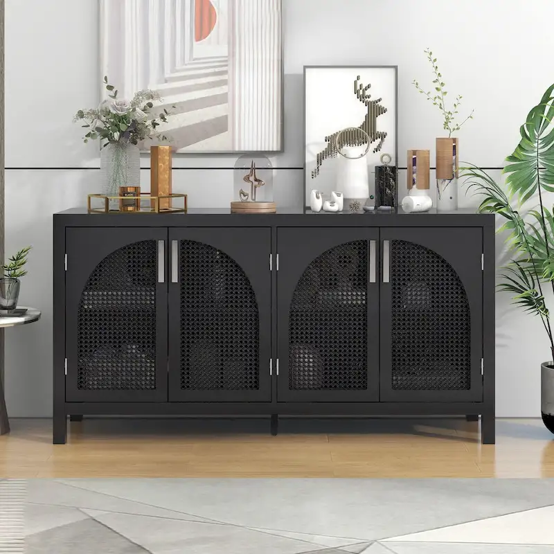 Grey/Black/White 4-Door Rattan Buffet Sideboard, 1-Person Assembly
