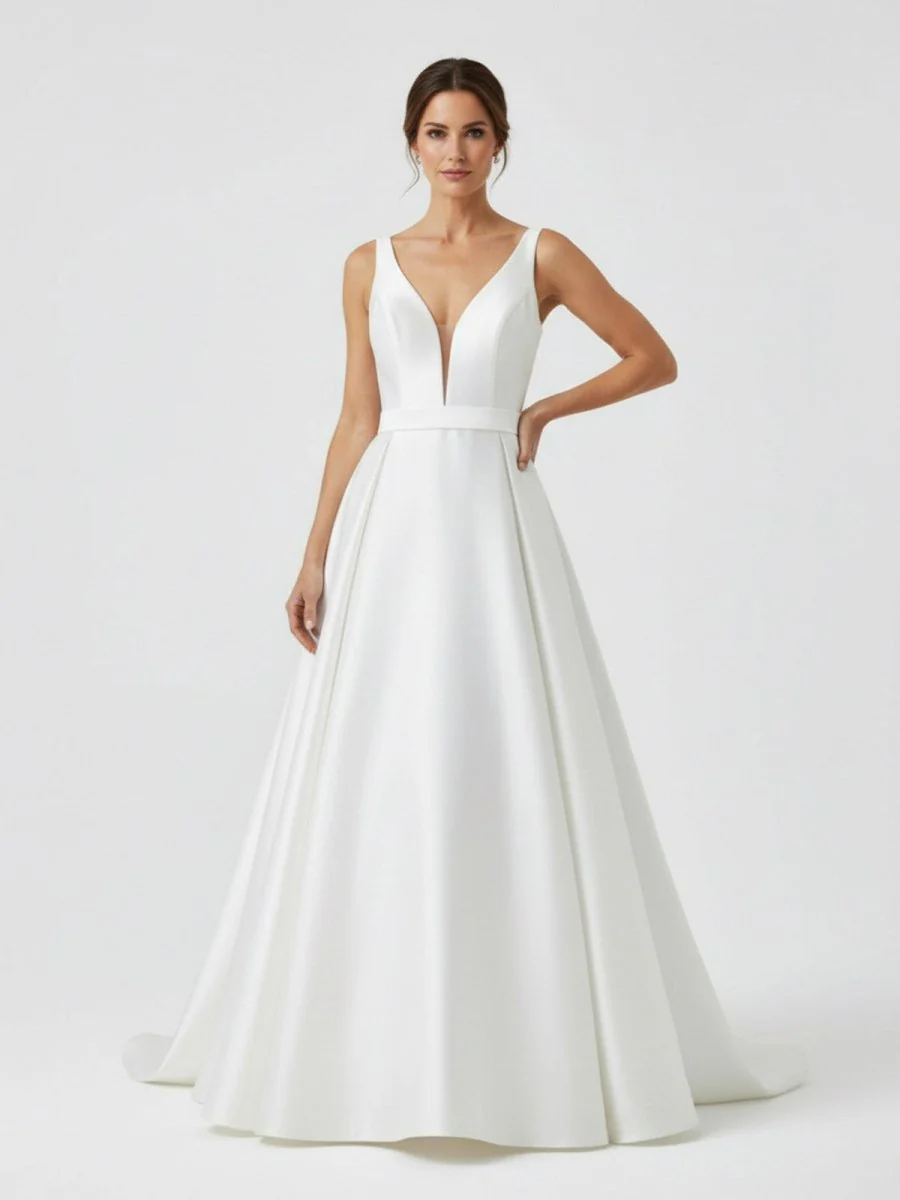 Ivory A-Line Deep V-Neck Long Wedding Dress with Bowknot