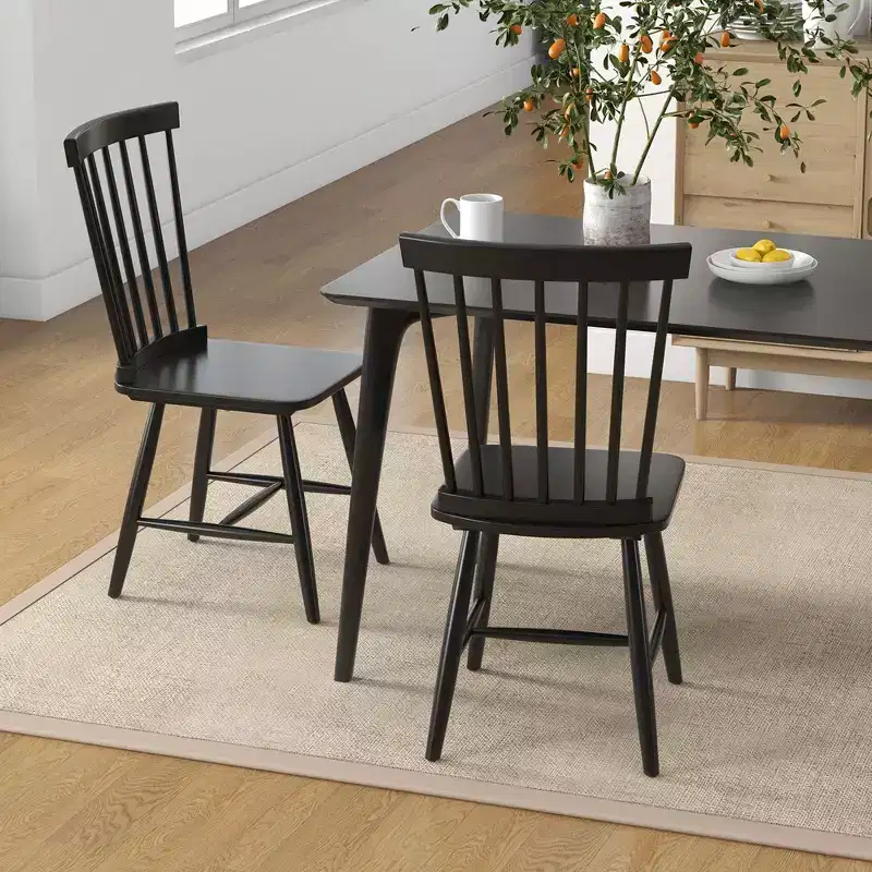 Costway Windsor Dining Chairs Set of 2 Armless Spindle Back Solid Rubber Wood Black/Natural