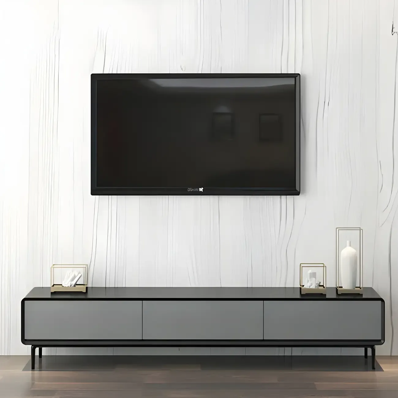 4-Drawer Elegant Grey Long Wooden TV Stand with Legs