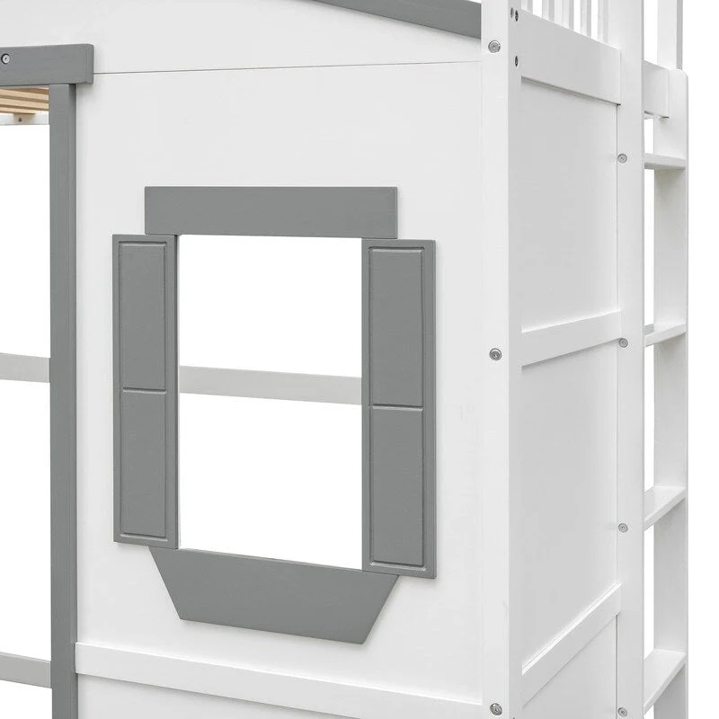 House Loft Bed Twin Kids Playhouse Bed, Solid Wood Loft Bed Frame with Window and Ladder