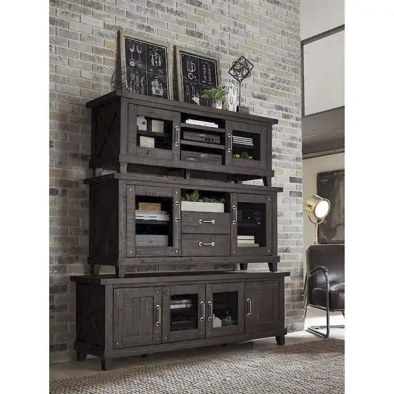 Three Open Shelves Entertainment Center with Exposed Bolts and Cross Bracing, Brown