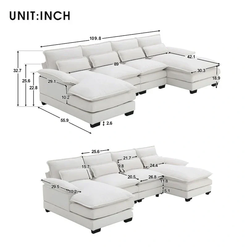 Modern U-shaped Sectional Sofa with Waist PillowsSleeper Sofa Couch with Chaise Lounge