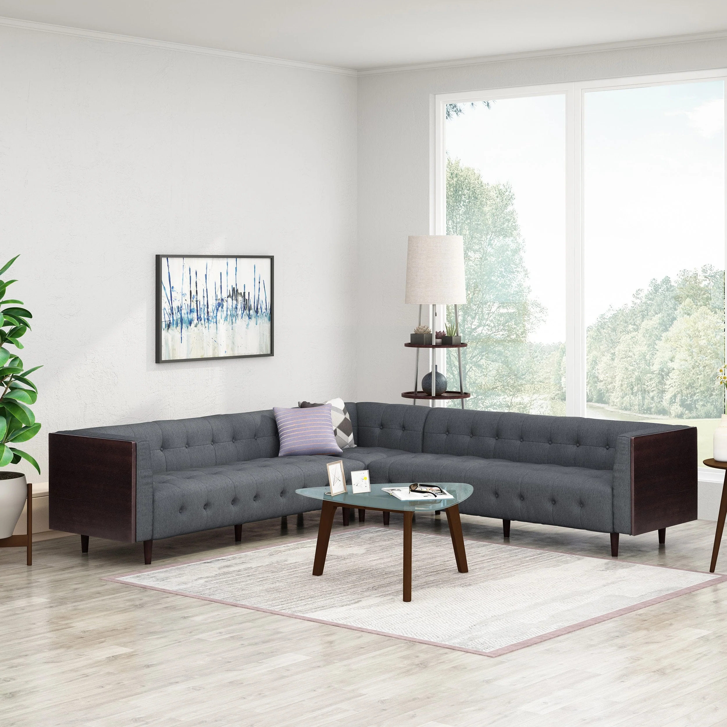 Mid-Century Modern Fabric Tufted Sectional Sofa Set - NH583413