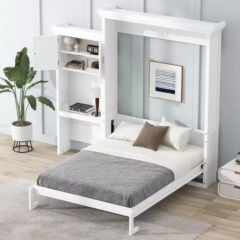 Whisen Queen Size Murphy Bed with Multiple Storage Shelves and Louvered Style Decoration