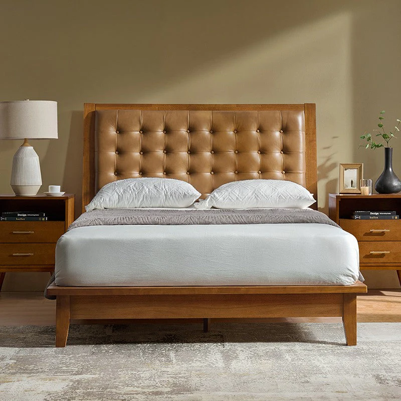 Genuine Leather Button-Tufted Platform Bed with USB & Type-C Charging Ports, 12-Slat Support | Camel / Black | Queen / King