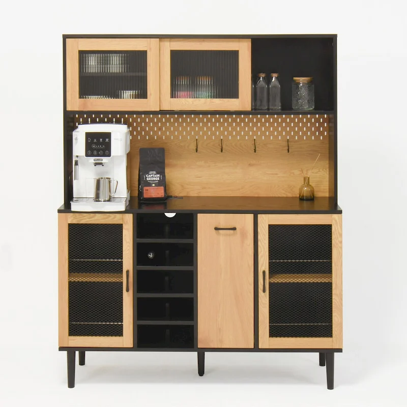 59  H Buffet Sideboard Cabinet with Storage Door & Power Outlet, Farmhouse Coffee Bar Cabinet with Wine Rack, Kitchen Pantry