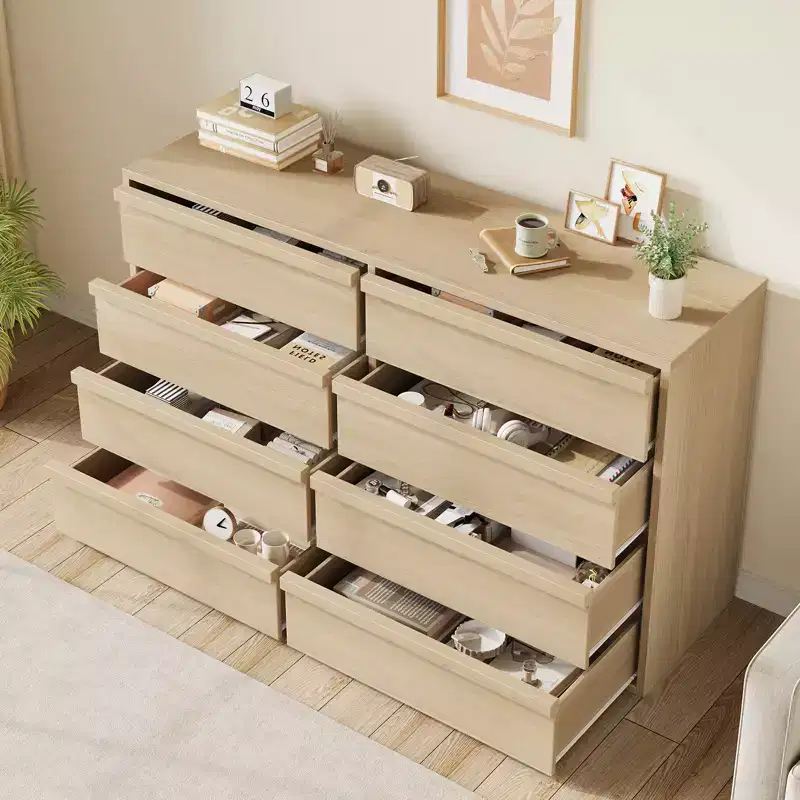 Garvee 8 Drawer Dresser for Bedroom, 54 Natural Double Dresser Organizer with Concave Handle, Modern Chest of Drawer for Bedroom Living Room Nursery