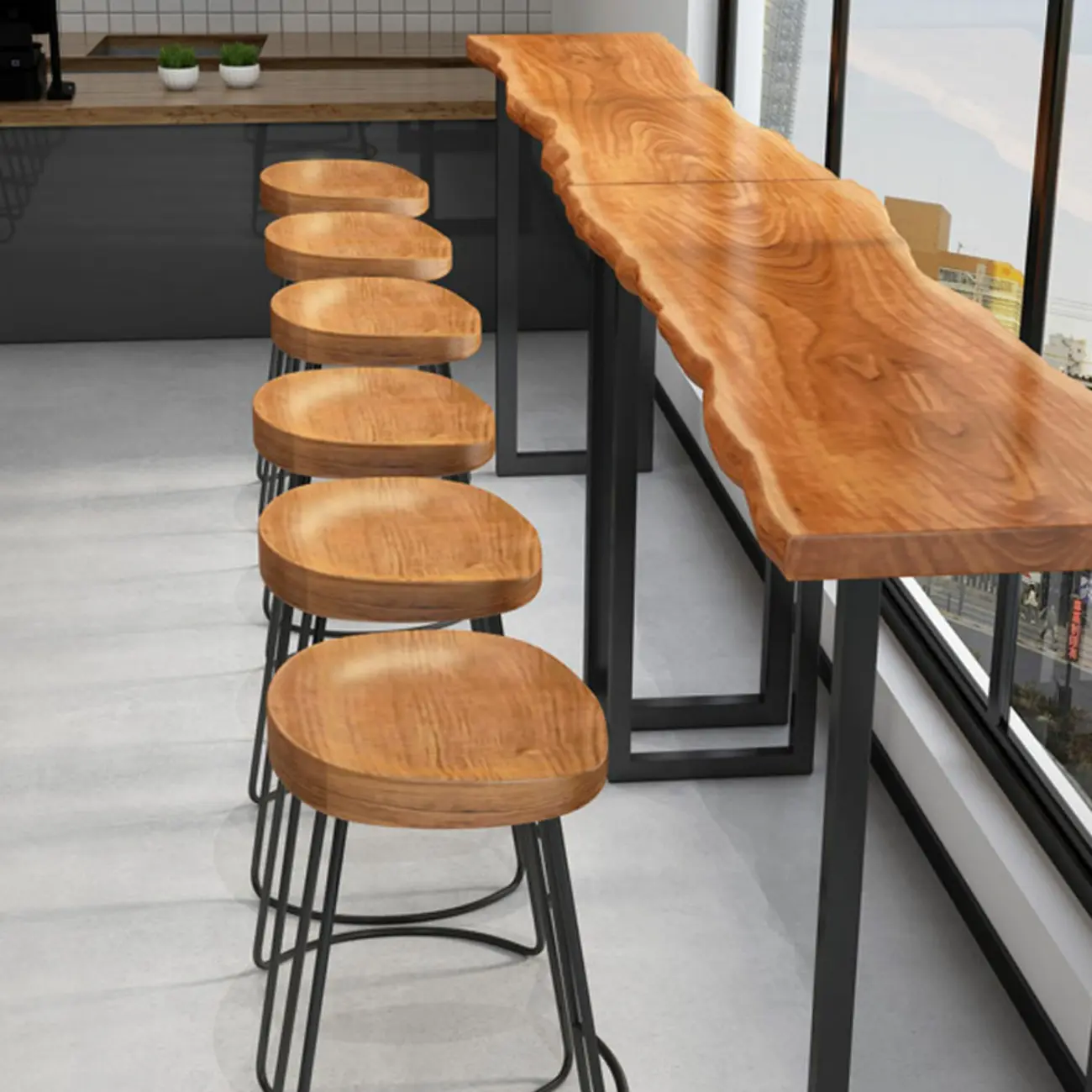 Scandinavian Brown Wooden Black Metal Base Bar Tables