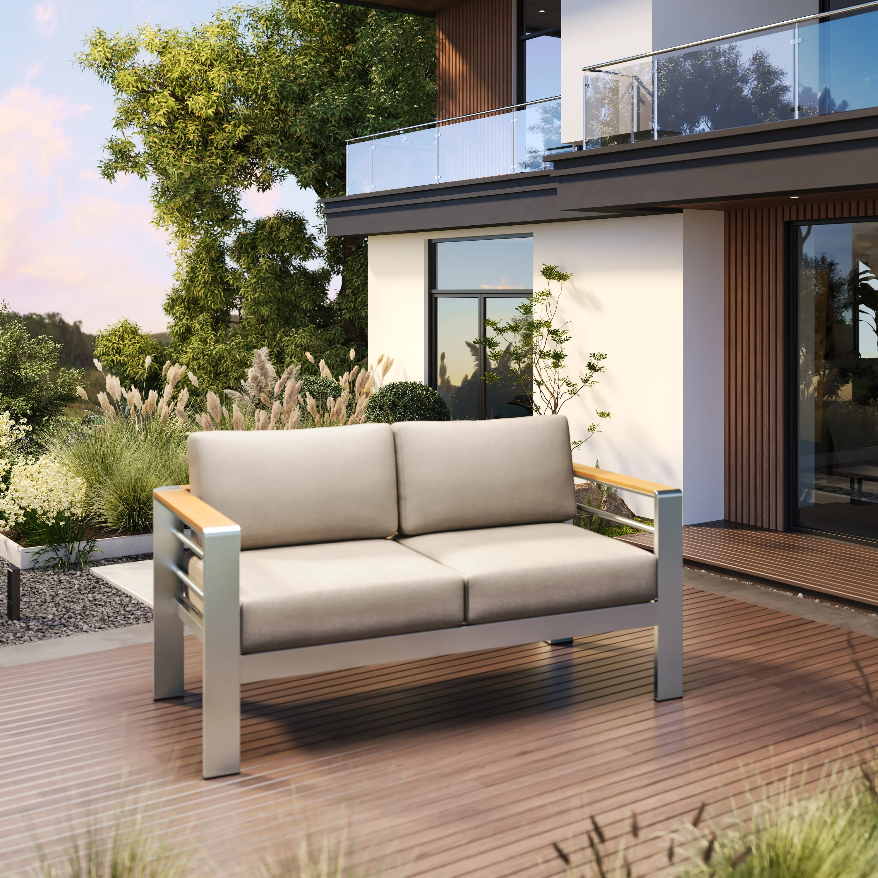 Jorsans Aluminum Outdoor Patio Loveseat with Beige Cushions