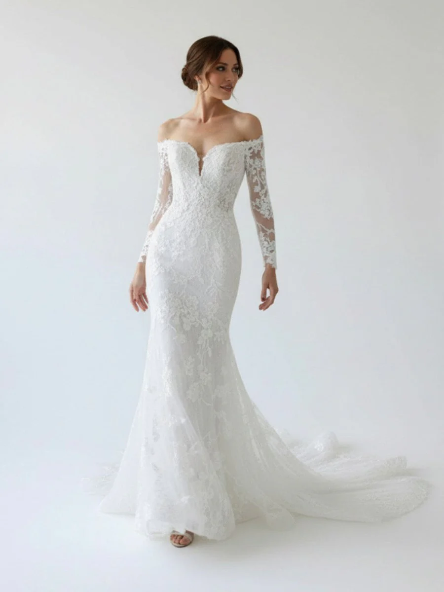 Elegant Mermaid Long Sleeve Off the Shoulder Lace Wedding Dress