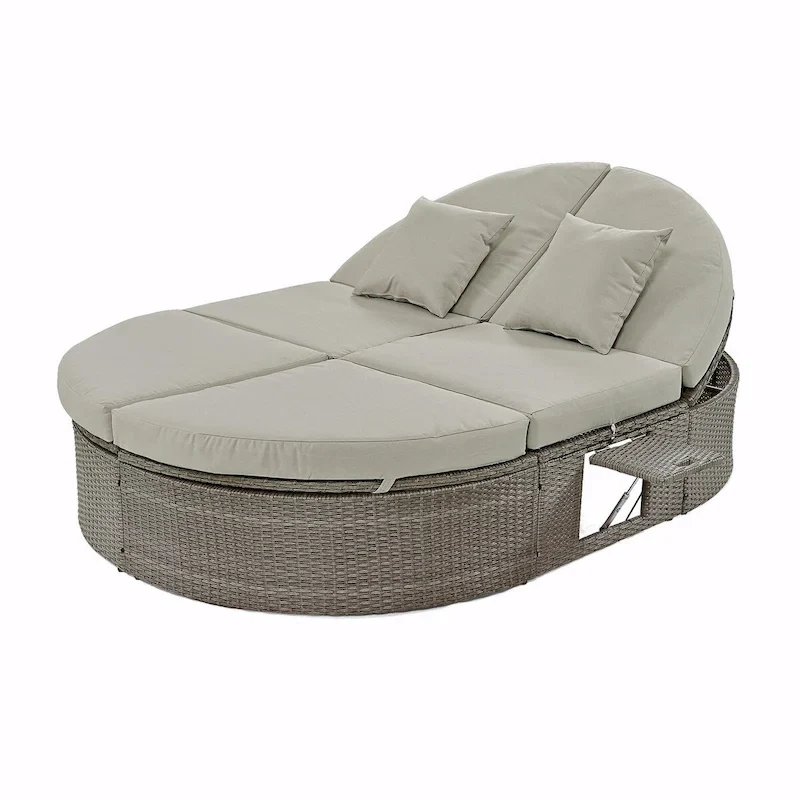 Rattan Patio Daybed with Cushions, Reclining Chaise Lounge, Foldable Trays
