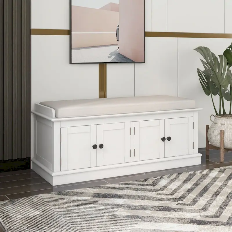 Storage Bench with 4 Doors, Antique Navy / White, 2-Person Shoe Bench with Removable Cushion