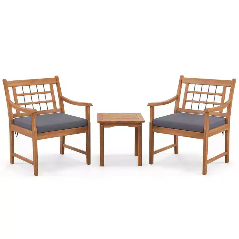Gymax 3-Piece Outdoor Acacia Wood Bistro Set with Ergonomic Chairs and Coffee Table Cushioned Seating Gray/Navy