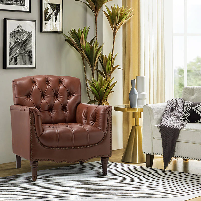 Genuine Leather Tufted Armchair with Nailhead Trim, Spring & Foam Seat & Turned Brown Solid Wood Legs | Camel / Burgundy / Black / Beige / Brown / Navy | Single Seat