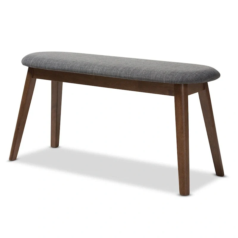 Mid-Century Upholstered Dining Bench, Polyester Fabric, Foam Padded, Walnut-Finish Rubberwood Legs, Charcoal / Grey, 2-Person Use